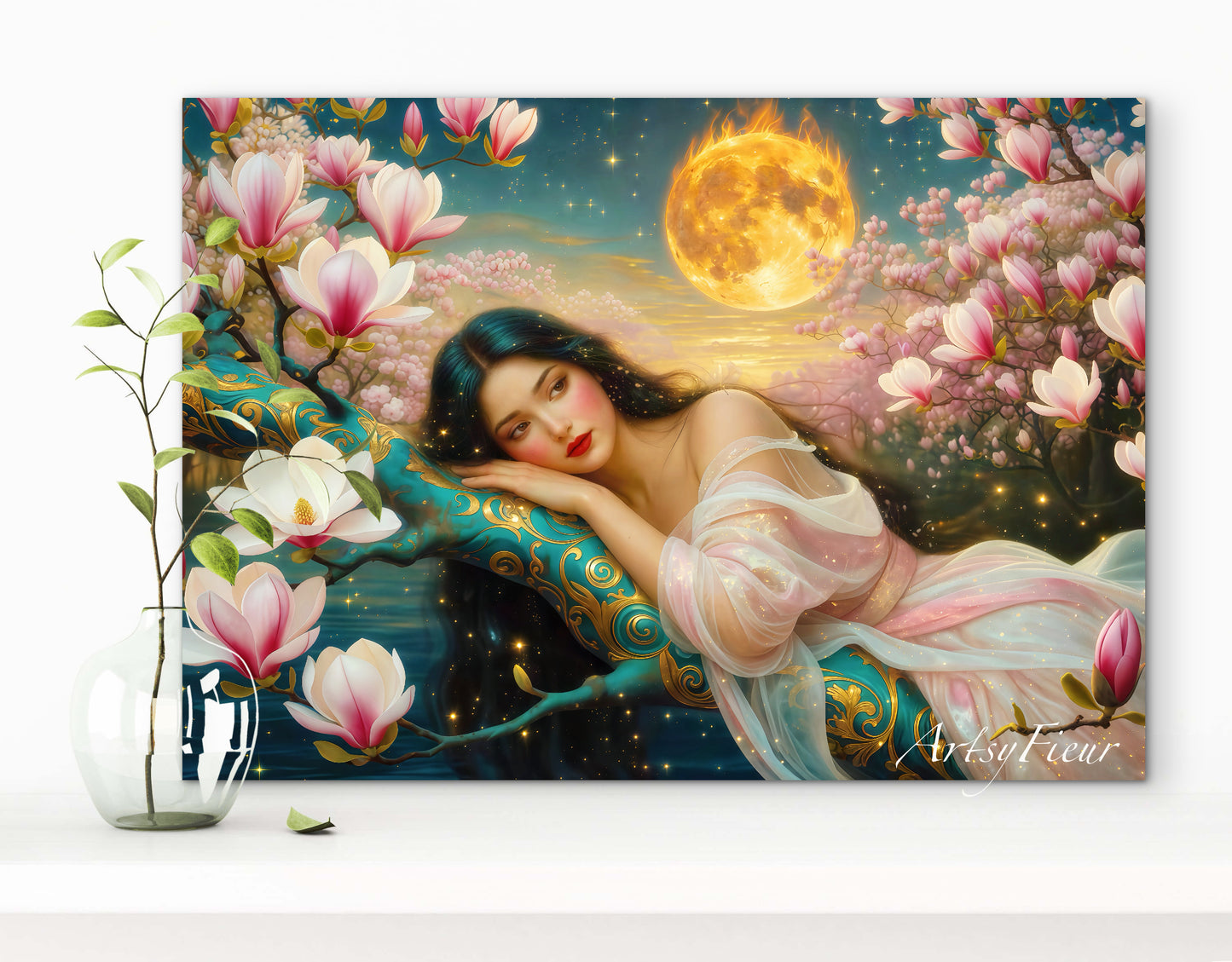 Framed Canvas- Vibrant Magnolia Flowers Beautiful Brunette Woman’s Abstract Portrait Original Artwork Fantasy Wall Art Print