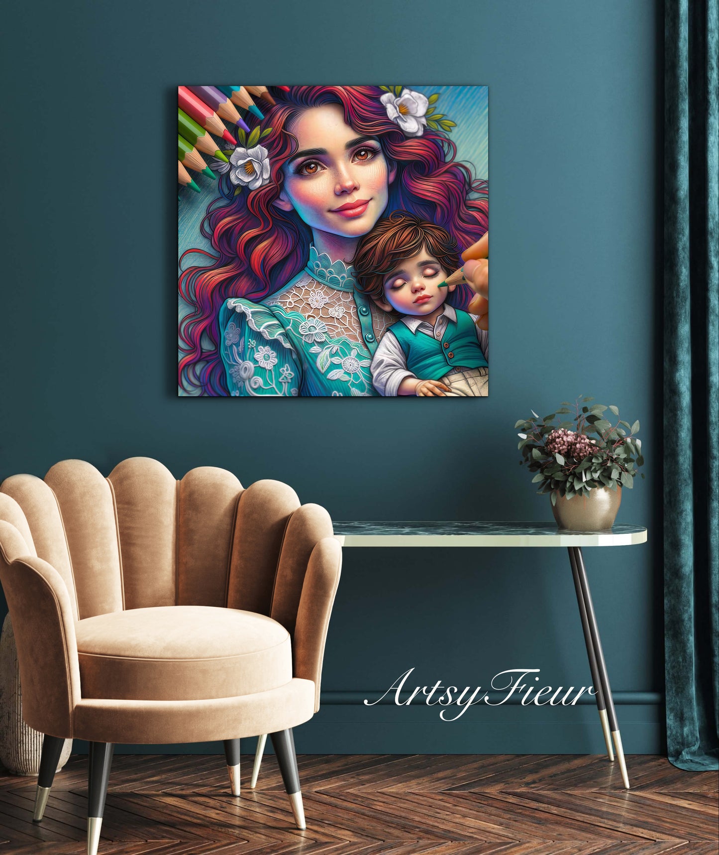 Framed canvas- ready to hang wall art print, colourful drawing abstract portrait mother and son vibrant colours, dark hair brunette beautiful woman , mum and baby boy, motherhood, mothers day gift, unique original artwork