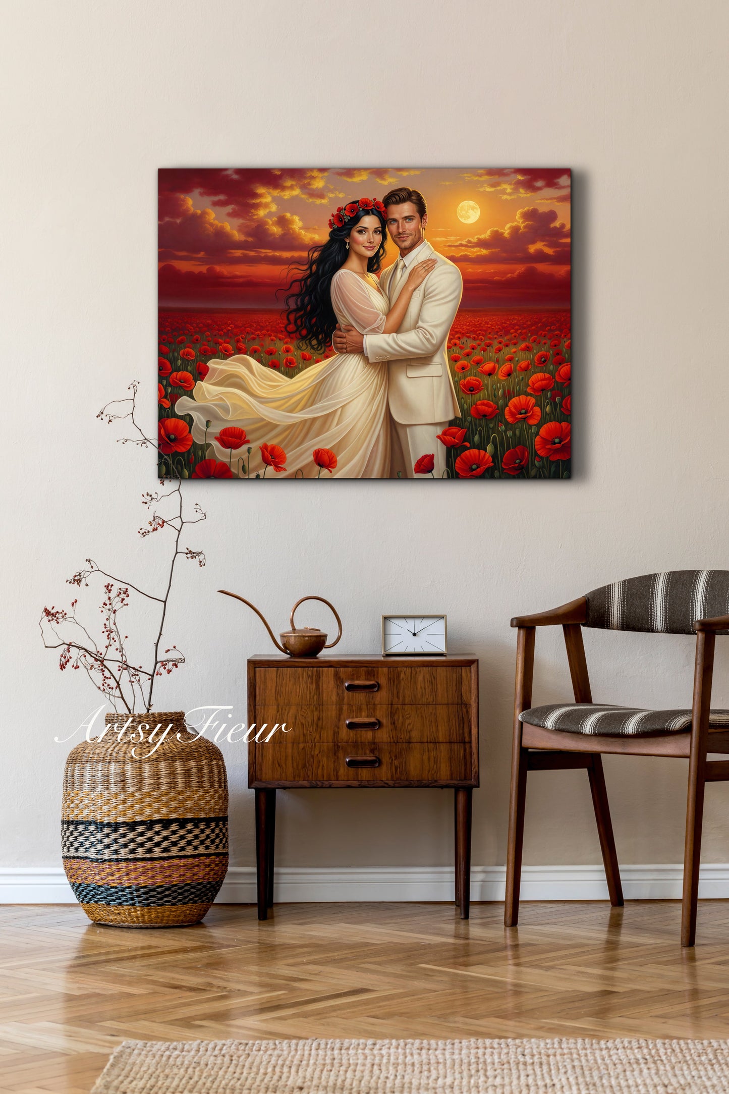 Framed canvas- whimsical full moon sunset bride and groom, wedding, poppy field, vibrant colours living room original artwork, fantasy oil painting wall art print