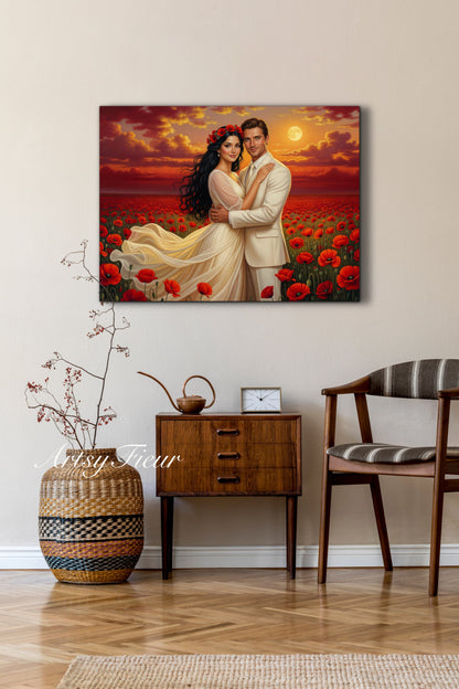 Framed canvas- whimsical full moon sunset bride and groom, wedding, poppy field, vibrant colours living room original artwork, fantasy oil painting wall art print