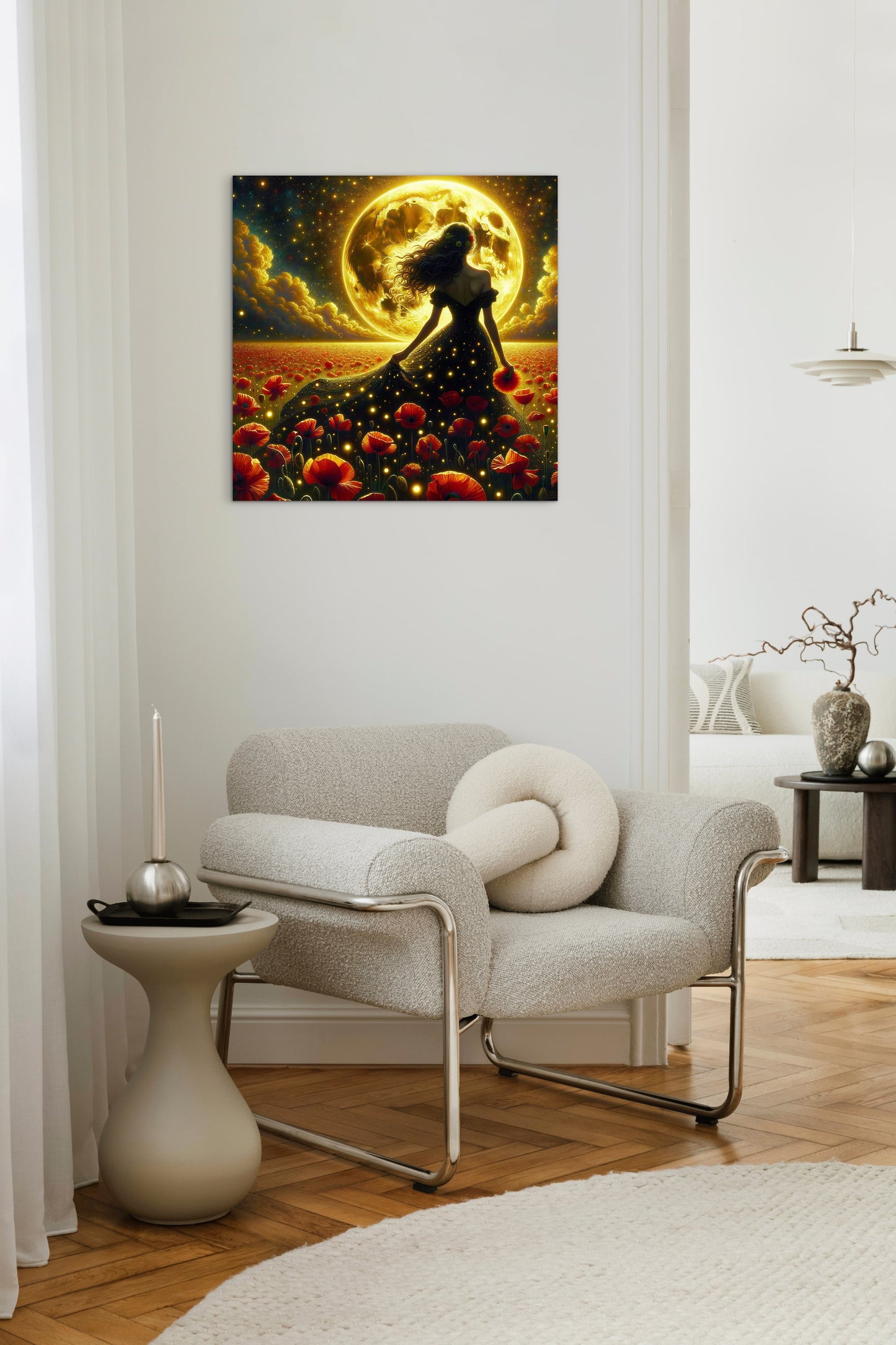 Framed Canvas - Vibrant Poppies Whimsical Full Moon Bride in Poppy Field, Wall Art Ready to hang Oil Painting Original Artwork Print Black Wedding Dress