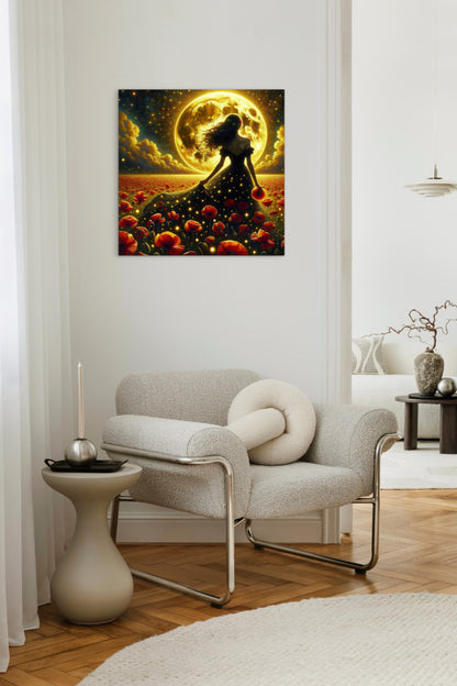 Framed Canvas - Vibrant Poppies Whimsical Full Moon Bride in Poppy Field, Wall Art Ready to hang Oil Painting Original Artwork Print Black Wedding Dress