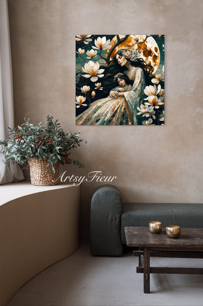 Framed canvas- ready to hang wall art print, abstract mother and daughter portrait Mosaic Magnolia Flowers Whimsical Full Moon