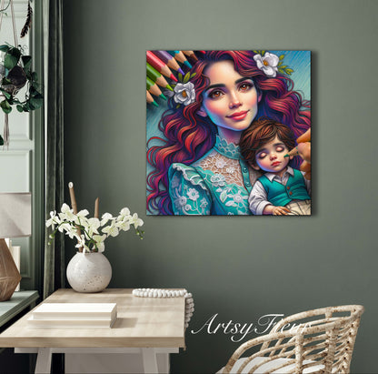 Framed canvas- ready to hang wall art print, colourful drawing abstract portrait mother and son vibrant colours, dark hair brunette beautiful woman , mum and baby boy, motherhood, mothers day gift, unique original artwork