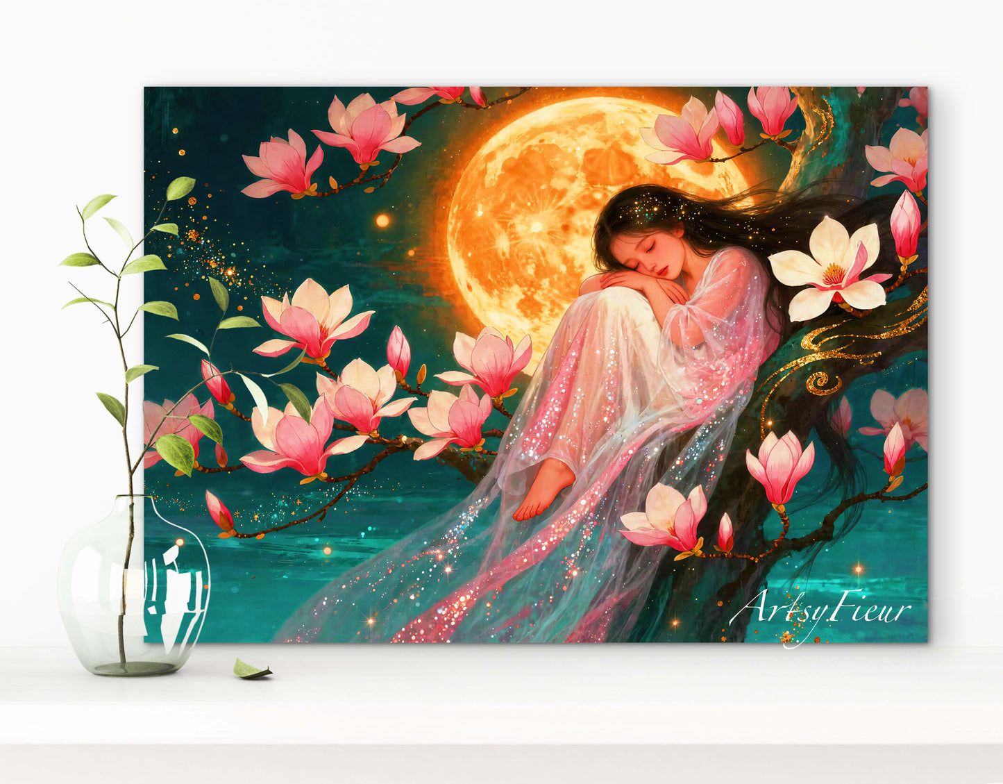 Framed Canvas- Vibrant Magnolia Flowers Beautiful Brunette Asian Woman’s Abstract Portrait Original Artwork Fantasy Wall Art Print