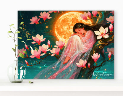 Framed Canvas- Vibrant Magnolia Flowers Beautiful Brunette Asian Woman’s Abstract Portrait Original Artwork Fantasy Wall Art Print