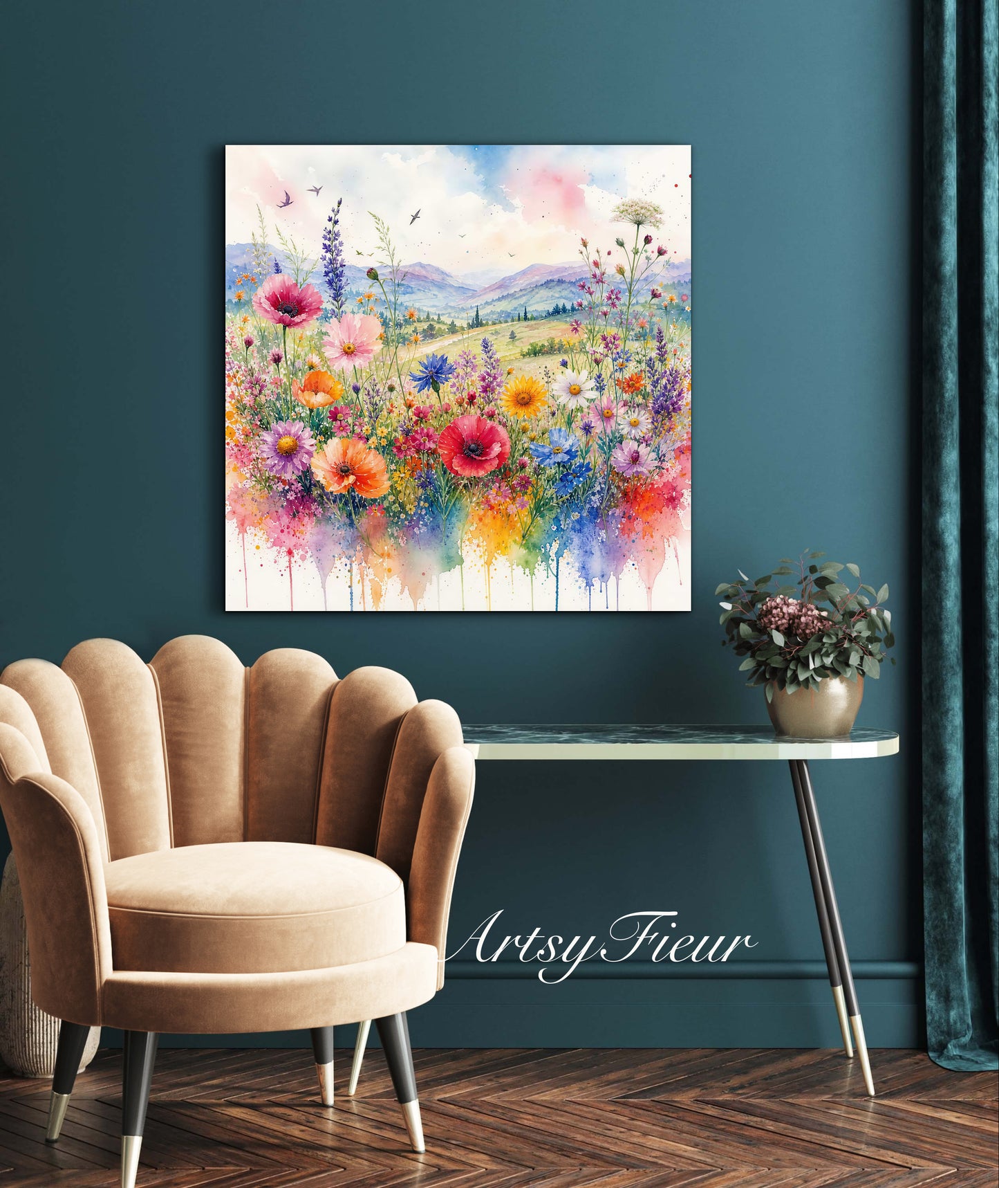 Framed Canvas- Original Artwork Vibrant Colours Wildflowers Watercolour Painting Abstract Colourful Landscape Living Room Wall Art Print