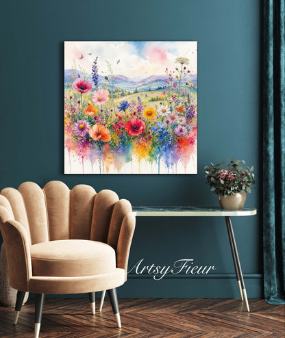 Framed Canvas- Original Artwork Vibrant Colours Wildflowers Watercolour Painting Abstract Colourful Landscape Living Room Wall Art Print