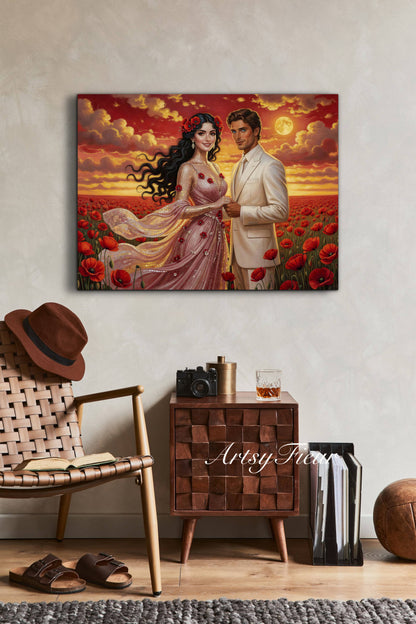Framed canvas- whimsical full moon sunset bride and groom, wedding, poppy field, vibrant colours living room original artwork, fantasy oil painting wall art print