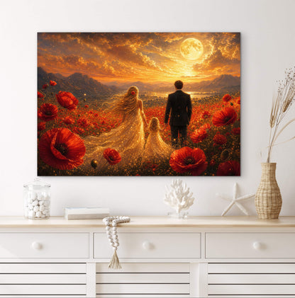 Framed Canvas Vibrant Poppies- Whimsical full moon fantasy oil painting Wedding celebration mother and daughter beautiful family portrait Original wall art print