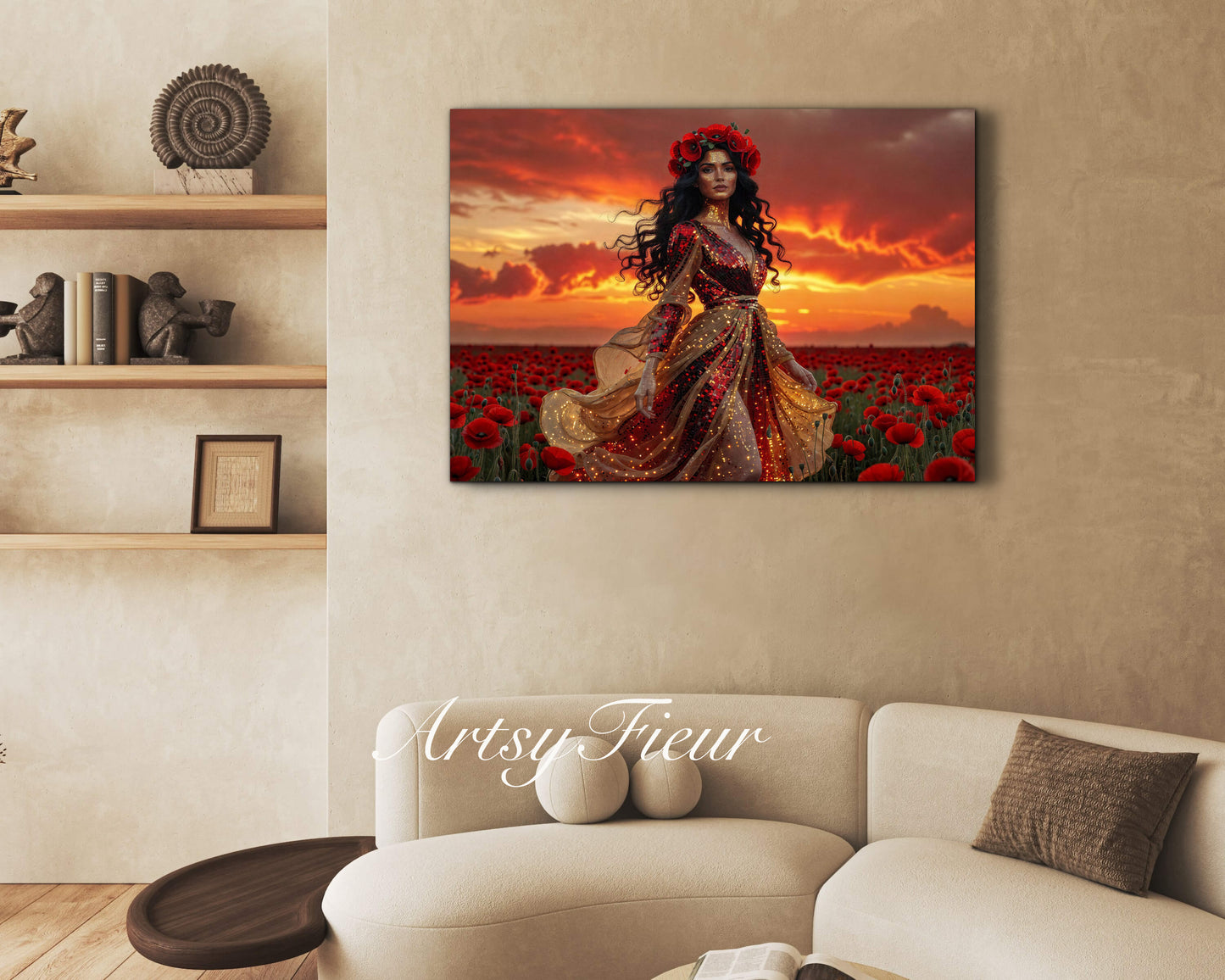 Framed Canvas - Vibrant Poppies Whimsical Sunset Beautiful Brunette in Poppy Field, Wall Art Ready to hang Oil Painting Original Artwork Print
