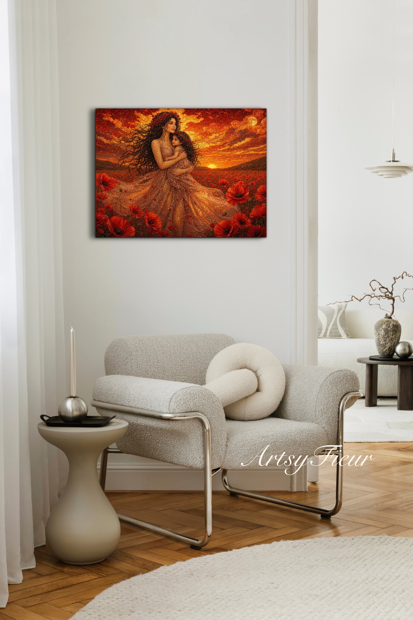 Framed Canvas- Vibrant Poppies Field Mother and Daughter Portrait Whimsical Full Moon Sunset Fantasy Oil Painting Wall Art Print