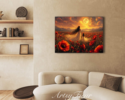 Framed Canvas- Vibrant Poppies Field Bride Mother and Daughter Portrait Whimsical Full Moon Sunset Fantasy Oil Painting Wall Art Print