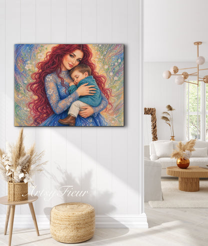 Framed canvas- ready to hang wall art print, vibrant colours crayon drawing abstract portrait mother and son, mother and baby boy, dark hair beautiful red hair woman , mothers day gilt, unique original artwork