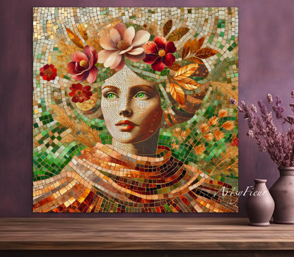 Framed canvas- Original Artwork Vibrant Magnolia Flowers Mosaic Portrait Beautiful Brunette Woman Wall Art Print