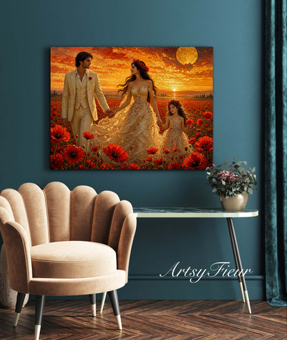 Framed Canvas Vibrant Poppies- Whimsical full moon fantasy oil painting Wedding celebration mother and daughter beautiful family portrait Original wall art print