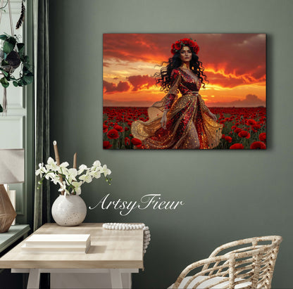 Framed Canvas - Vibrant Poppies Whimsical Sunset Beautiful Brunette in Poppy Field, Wall Art Ready to hang Oil Painting Original Artwork Print
