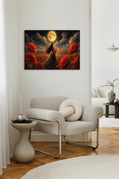 Framed Canvas - Vibrant Poppies Whimsical Full Moon Bride in Poppy Field, Wall Art Ready to hang Oil Painting Original Artwork Print Black Wedding Dress