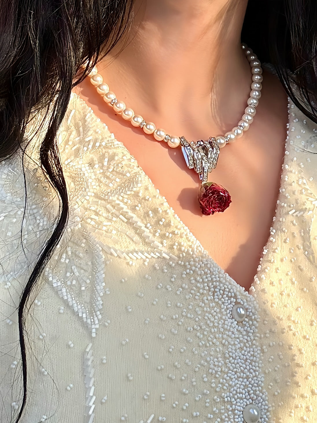 Real Red Rose Necklace |Preserved flower in resin | Mini red rose pearl necklace | White pearl | Silver Baroque Crystal pendant