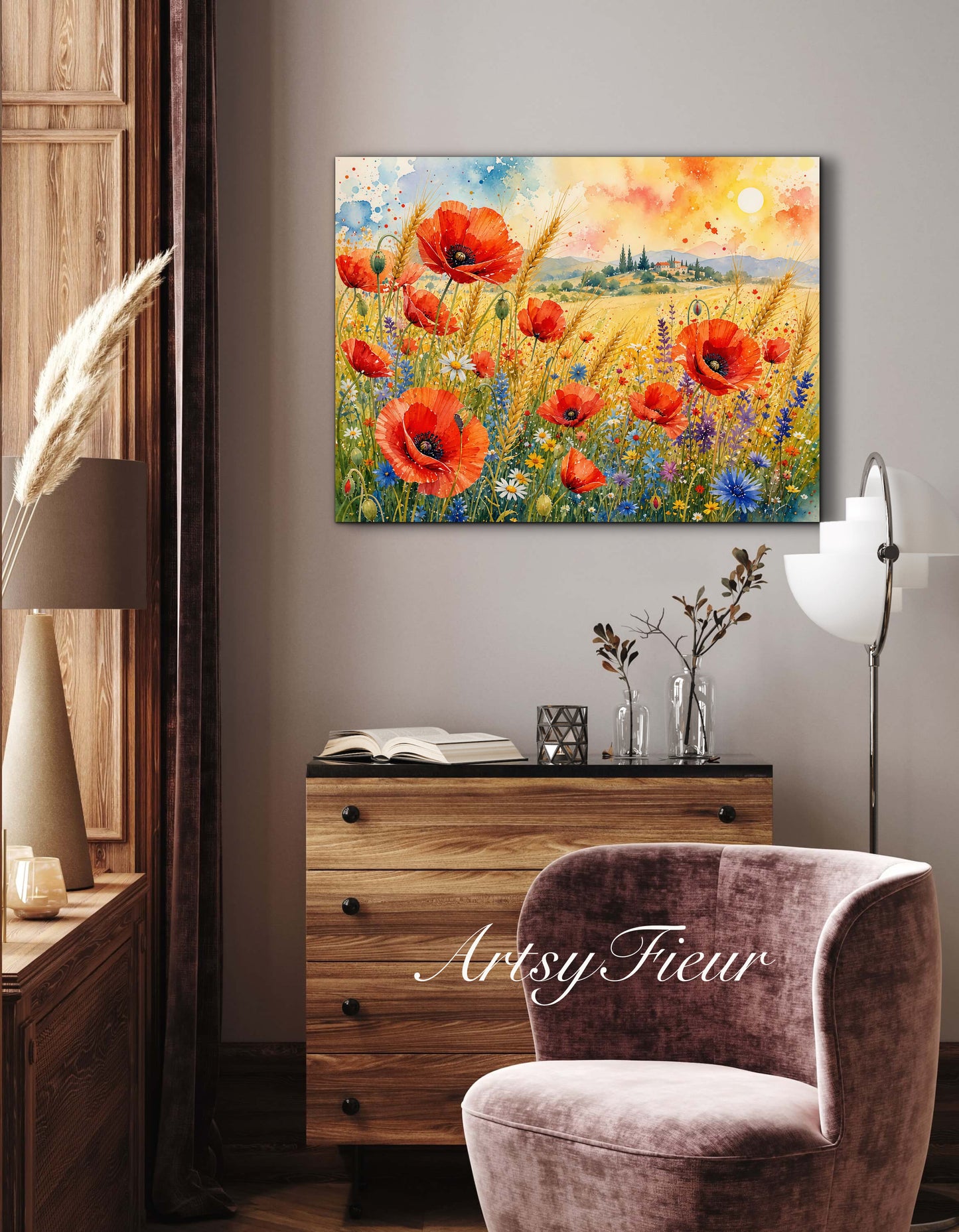 Framed Canvas Print- Vibrant Wildflowers and Poppies Oil Painting Textured Wall Art , Beautiful Original Artwork Ready to Hang Living Room, Floral