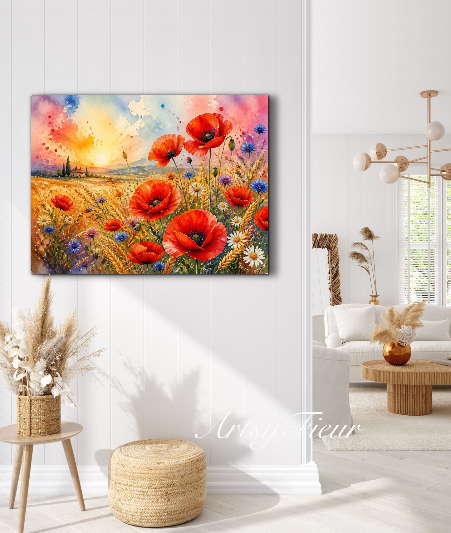Framed Canvas Print- Vibrant Wildflowers and Poppies Oil Painting Textured Wall Art , Beautiful Original Artwork Ready to Hang Living Room, Floral