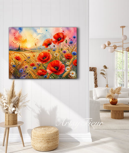 Framed Canvas Print- Vibrant Wildflowers and Poppies Oil Painting Textured Wall Art , Beautiful Original Artwork Ready to Hang Living Room, Floral