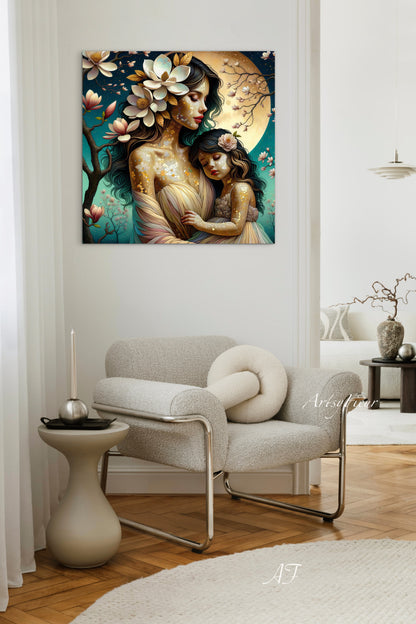 Framed canvas- ready to hang wall art print, abstract mother and daughter portrait Mosaic Magnolia Flowers