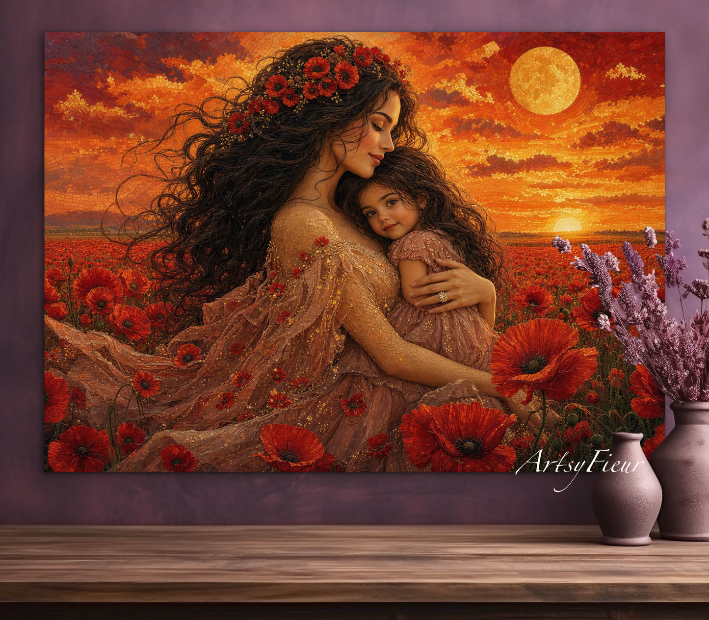 Framed Canvas- Vibrant Poppies Field Mother and Daughter Portrait Whimsical Full Moon Sunset Fantasy Oil Painting Wall Art Print