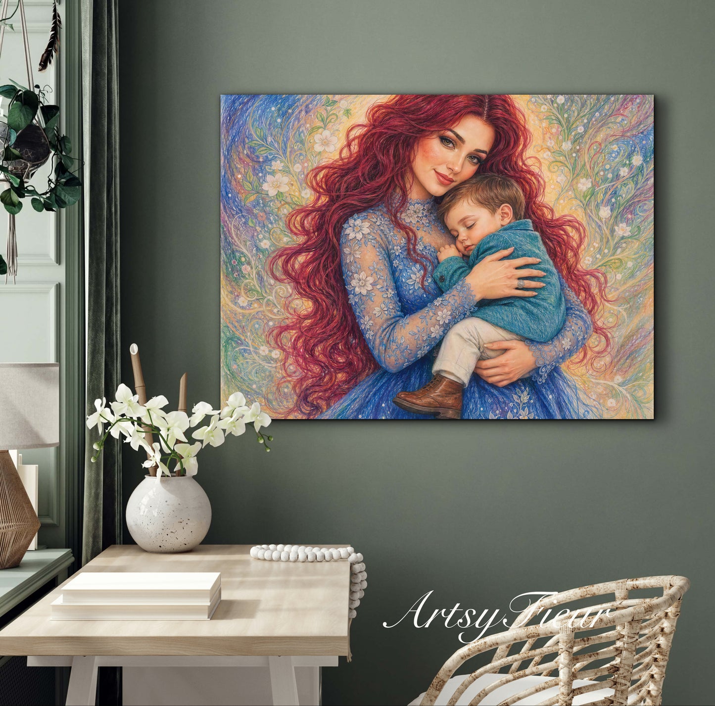 Framed canvas- ready to hang wall art print, vibrant colours crayon drawing abstract portrait mother and son, mother and baby boy, dark hair beautiful red hair woman , mothers day gilt, unique original artwork