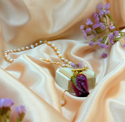 *REAL FLOWER Red Rose Necklace Preserved Flower in Resin Pink Freshwater Cultured Pearls Front Round Closure Hypoallergenic