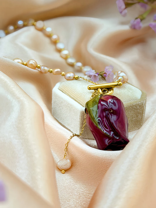 *REAL FLOWER Red Rose Necklace Preserved Flower in Resin Pink Freshwater Cultured Pearls Front Round Closure Hypoallergenic