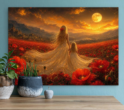 Framed Canvas- Vibrant Poppies Field Bride Mother and Daughter Portrait Whimsical Full Moon Sunset Fantasy Oil Painting Wall Art Print