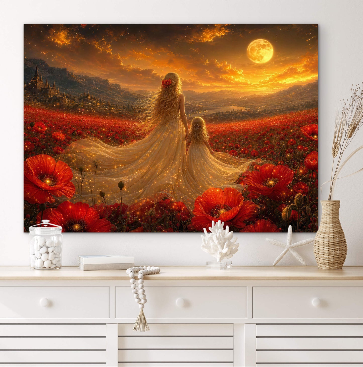 Framed Canvas- Vibrant Poppies Field Bride Mother and Daughter Portrait Whimsical Full Moon Sunset Fantasy Oil Painting Wall Art Print