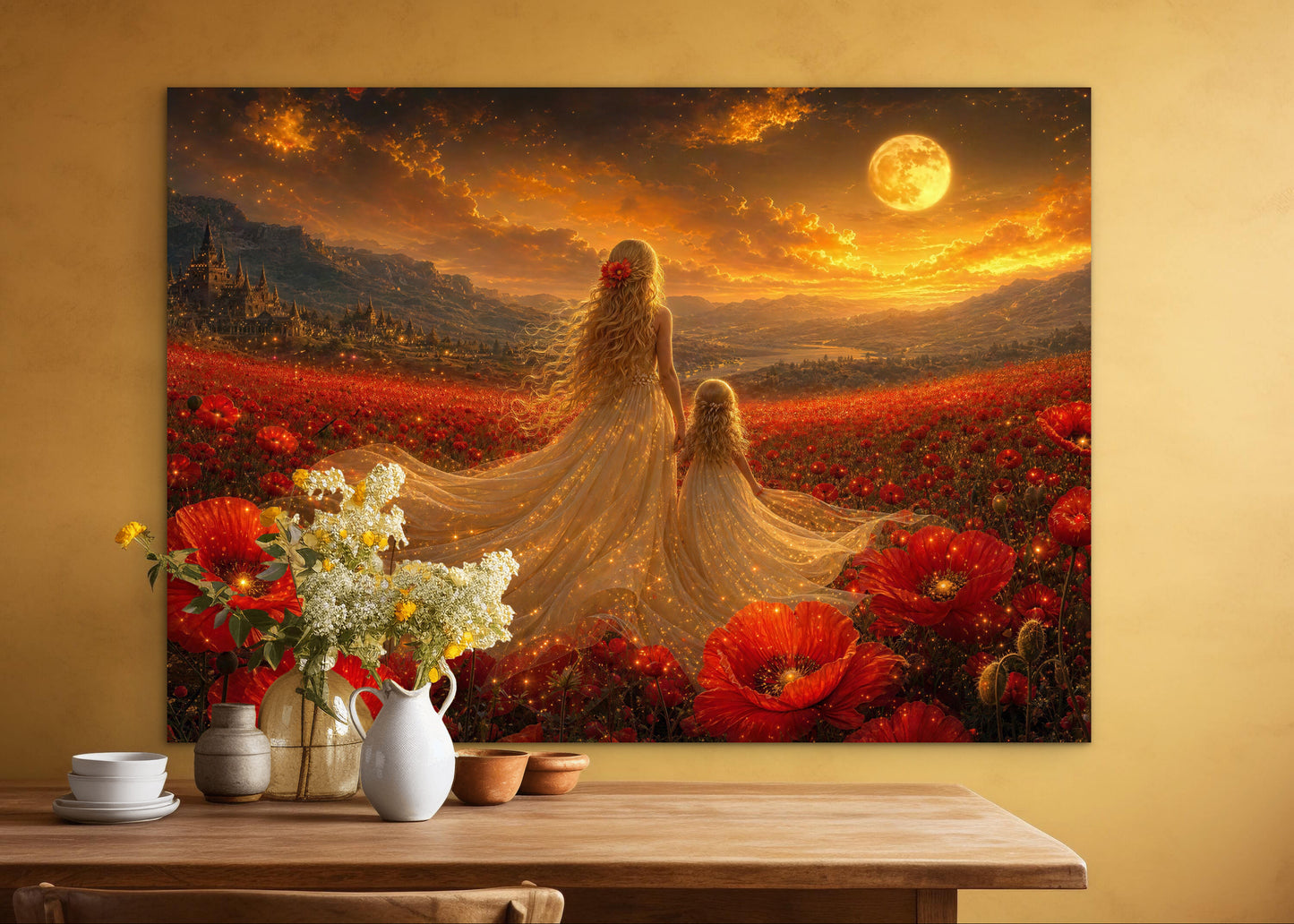 Framed Canvas- Vibrant Poppies Field Bride Mother and Daughter Portrait Whimsical Full Moon Sunset Fantasy Oil Painting Wall Art Print