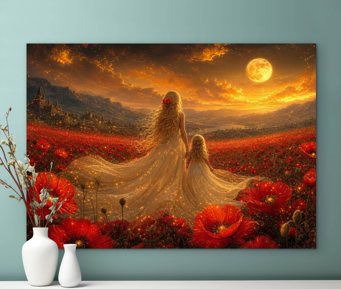 Framed Canvas- Vibrant Poppies Field Bride Mother and Daughter Portrait Whimsical Full Moon Sunset Fantasy Oil Painting Wall Art Print