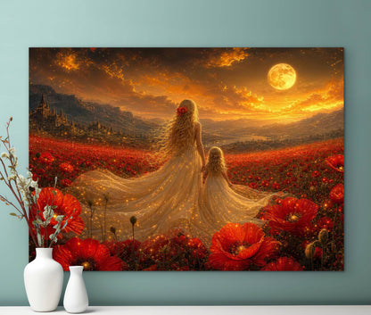 Framed Canvas- Vibrant Poppies Field Bride Mother and Daughter Portrait Whimsical Full Moon Sunset Fantasy Oil Painting Wall Art Print