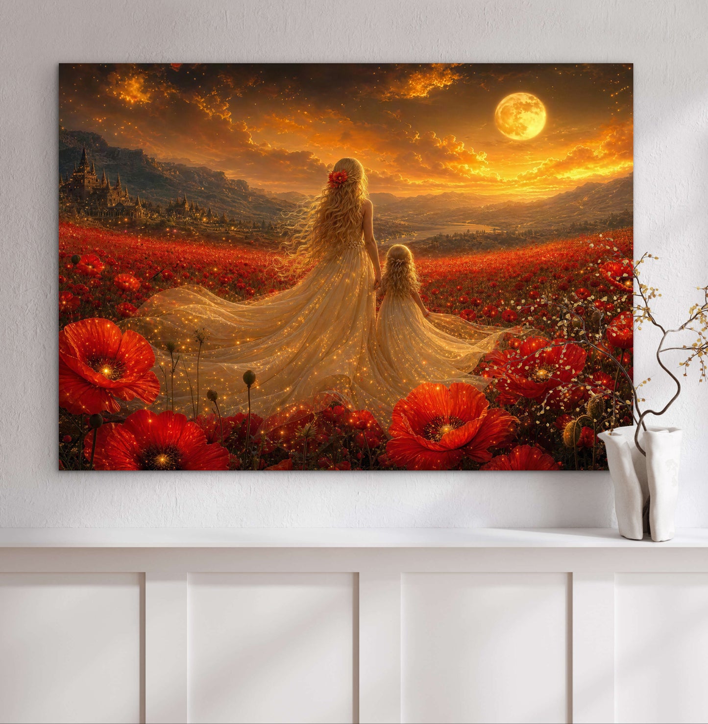Framed Canvas- Vibrant Poppies Field Bride Mother and Daughter Portrait Whimsical Full Moon Sunset Fantasy Oil Painting Wall Art Print