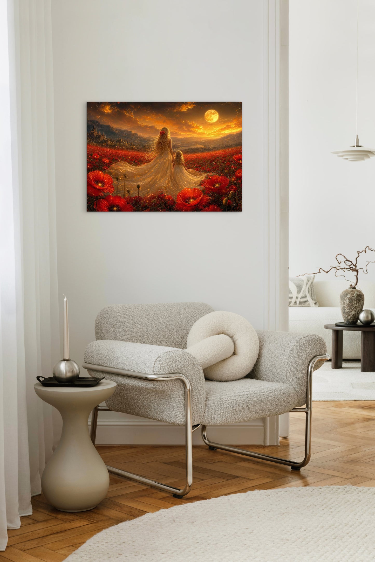Framed Canvas- Vibrant Poppies Field Bride Mother and Daughter Portrait Whimsical Full Moon Sunset Fantasy Oil Painting Wall Art Print