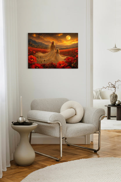 Framed Canvas- Vibrant Poppies Field Bride Mother and Daughter Portrait Whimsical Full Moon Sunset Fantasy Oil Painting Wall Art Print
