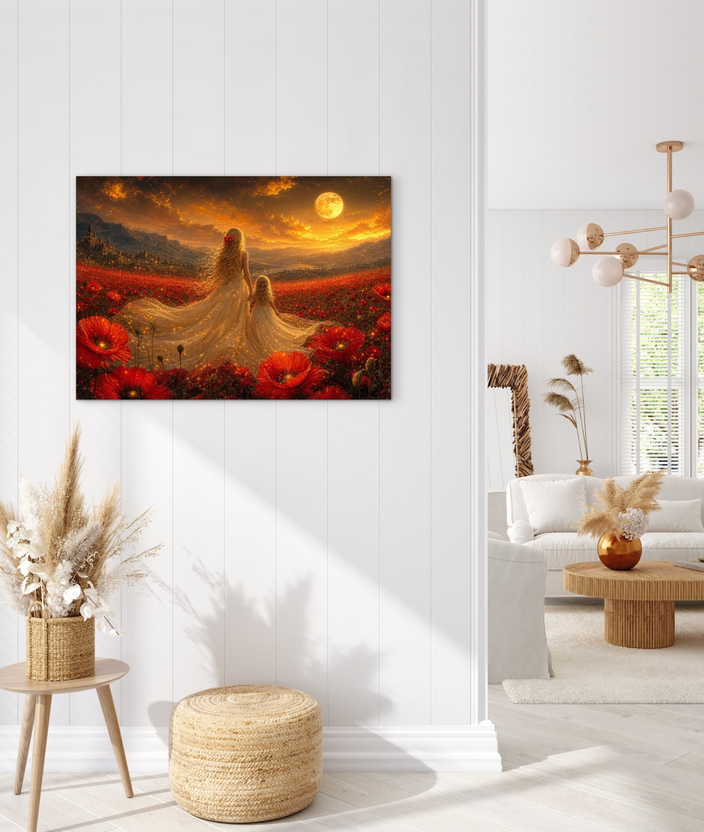 Framed Canvas- Vibrant Poppies Field Bride Mother and Daughter Portrait Whimsical Full Moon Sunset Fantasy Oil Painting Wall Art Print