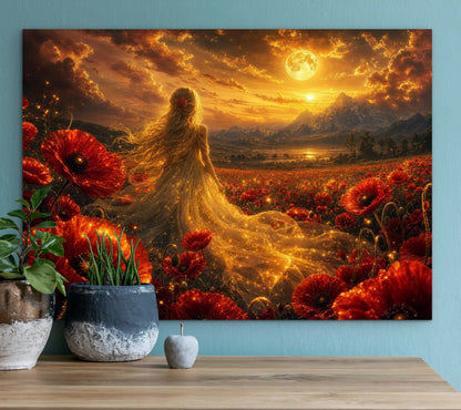 Framed Canvas- Vibrant Poppies Blonde Hair Bride in Poppy Field Whimsical Full Moon Sunset Fantasy Oil Painting Ready to Hang Colourful Living Room Wall Art Print