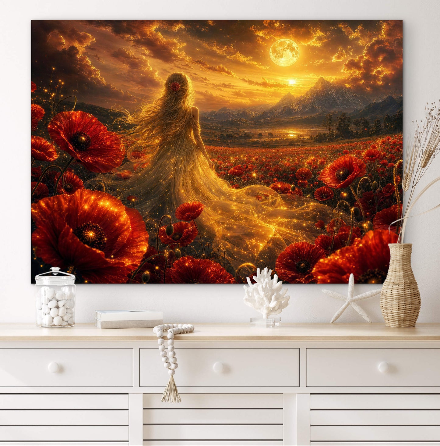 Framed Canvas- Vibrant Poppies Blonde Hair Bride in Poppy Field Whimsical Full Moon Sunset Fantasy Oil Painting Ready to Hang Colourful Living Room Wall Art Print