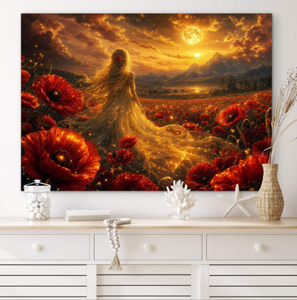 Framed Canvas- Vibrant Poppies Blonde Hair Bride in Poppy Field Whimsical Full Moon Sunset Fantasy Oil Painting Ready to Hang Colourful Living Room Wall Art Print