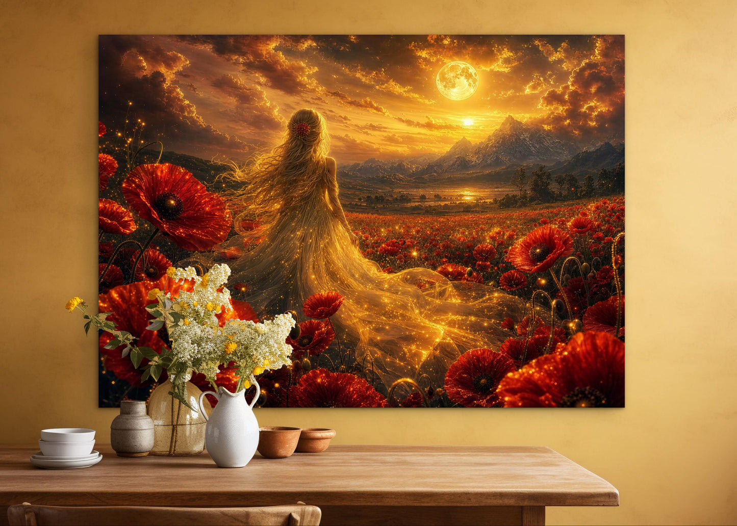 Framed Canvas- Vibrant Poppies Blonde Hair Bride in Poppy Field Whimsical Full Moon Sunset Fantasy Oil Painting Ready to Hang Colourful Living Room Wall Art Print