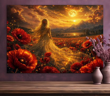 Framed Canvas- Vibrant Poppies Blonde Hair Bride in Poppy Field Whimsical Full Moon Sunset Fantasy Oil Painting Ready to Hang Colourful Living Room Wall Art Print