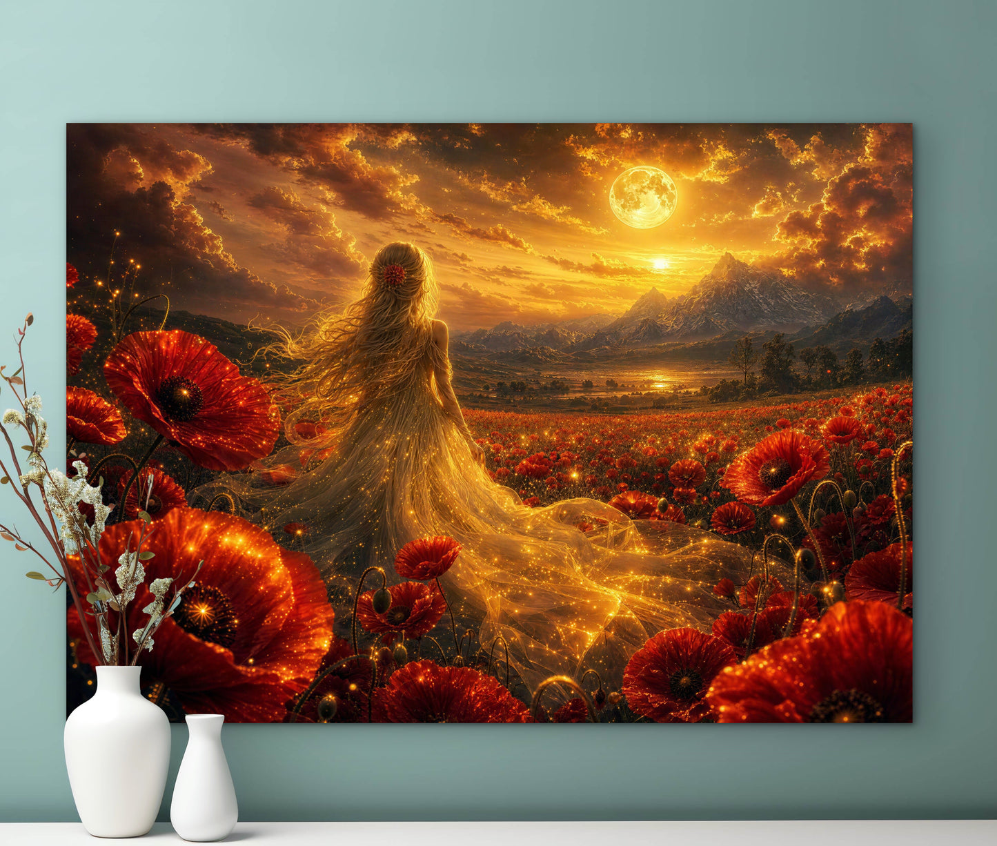 Framed Canvas- Vibrant Poppies Blonde Hair Bride in Poppy Field Whimsical Full Moon Sunset Fantasy Oil Painting Ready to Hang Colourful Living Room Wall Art Print