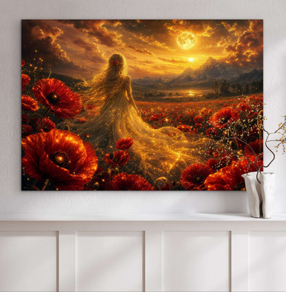 Framed Canvas- Vibrant Poppies Blonde Hair Bride in Poppy Field Whimsical Full Moon Sunset Fantasy Oil Painting Ready to Hang Colourful Living Room Wall Art Print