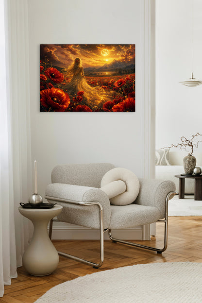 Framed Canvas- Vibrant Poppies Blonde Hair Bride in Poppy Field Whimsical Full Moon Sunset Fantasy Oil Painting Ready to Hang Colourful Living Room Wall Art Print