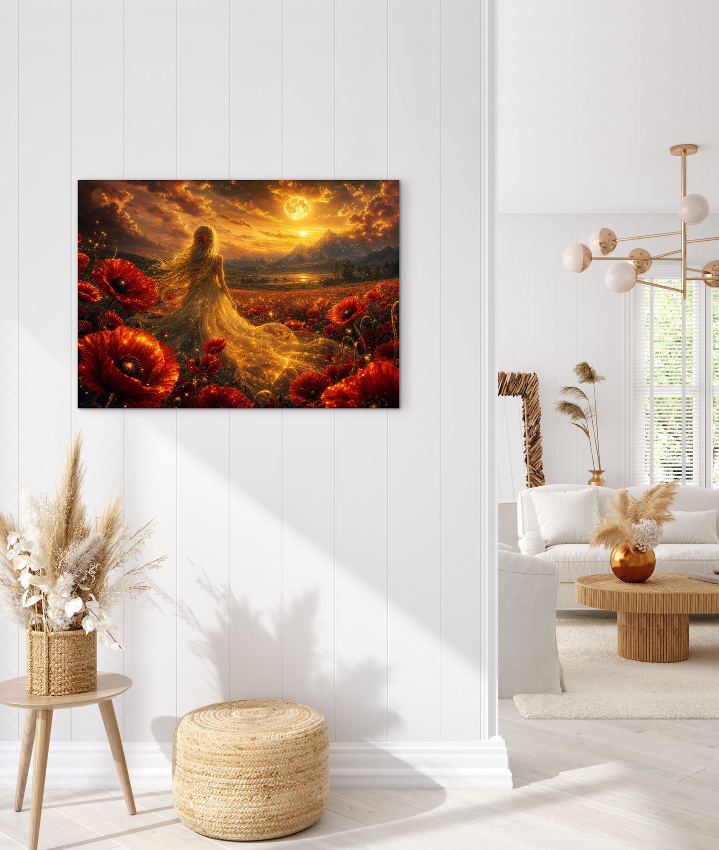 Framed Canvas- Vibrant Poppies Blonde Hair Bride in Poppy Field Whimsical Full Moon Sunset Fantasy Oil Painting Ready to Hang Colourful Living Room Wall Art Print