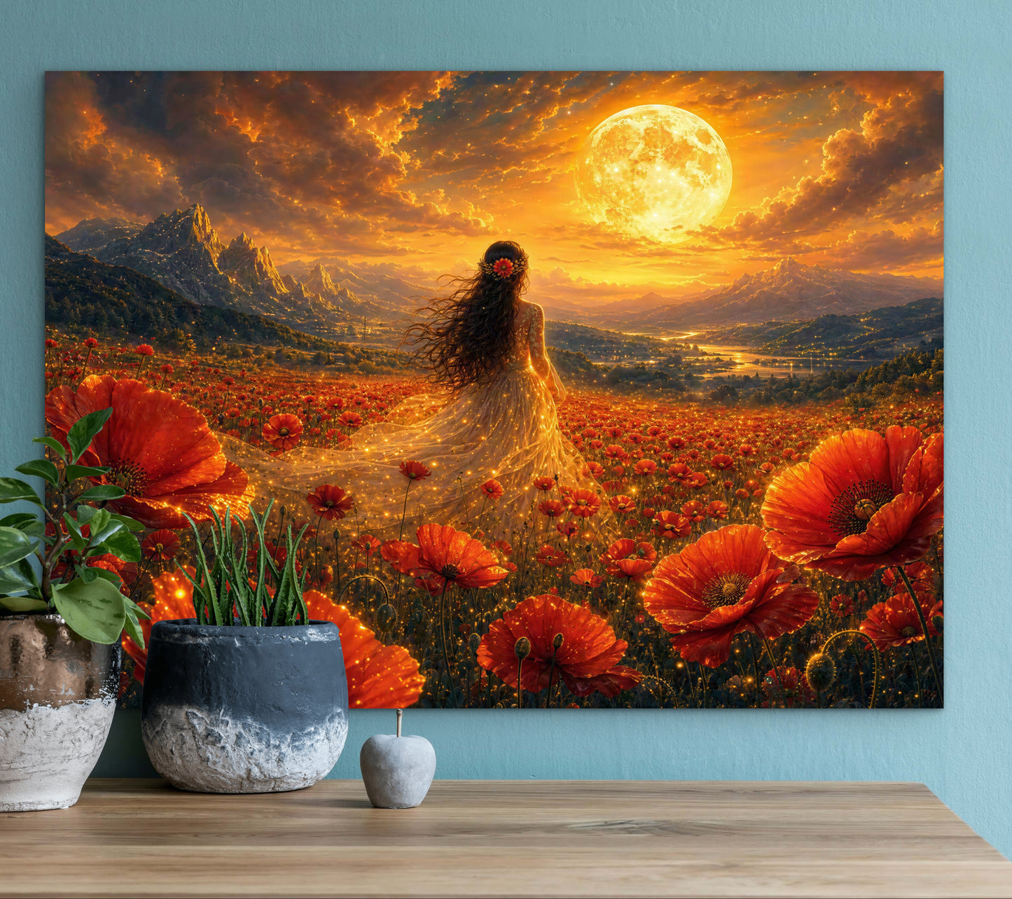 Framed Canvas - Vibrant Poppies Whimsical Full Moon Bride in Poppy Field, Wall Art Ready to hang Oil Painting Original Artwork Print